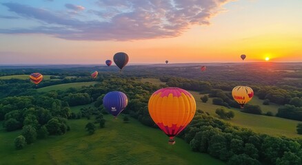 Fototapeta premium Aerial View of Colorful Hot Air Balloons Floating Over a Lush Green Landscape at Sunrise with a Beautiful Sunset Sky in the Background