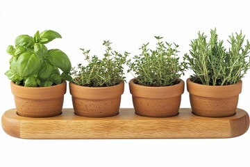Fototapeta premium Four herbs potted in terracotta, wooden holder.