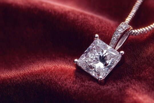 A solitaire princess-cut diamond pendant isolated, its brilliance and clarity emphasized against a soft velvet background. The sparkling gemstone&rsquo;s clarity and intricate facets shine in the light