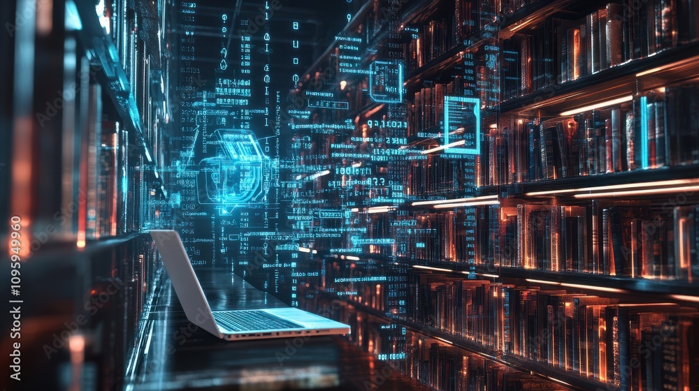Poster digital library with books and laptop computer in a futuristic setting, highlighting data visualizat