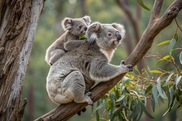 Mother koala with baby on her back