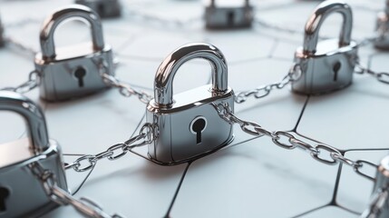 Digital security icons connected by lines on a white background. Modern graphic layout symbolizing data security and protection. 3D Rendering