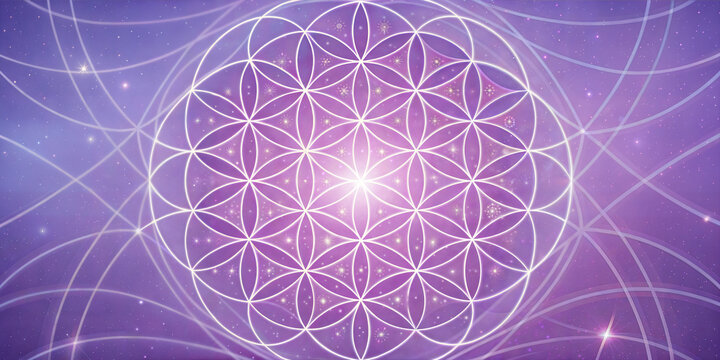 Symbolic theta healing energy background with flower of life pattern and radiant light in purple hues

