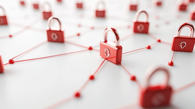 Digital security icons connected by lines on a white background. Modern graphic layout symbolizing data security and protection. 3D Rendering