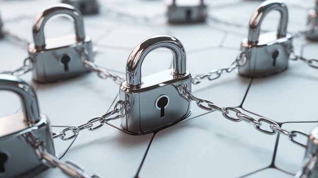 Digital security icons connected by lines on a white background. Modern graphic layout symbolizing data security and protection. 3D Rendering