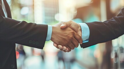 A masked handshake in a corporate setting during a pandemic.