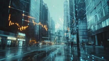 Dynamic stock market graph displaying financial trends and growth, showcasing data visualization in a modern urban setting.