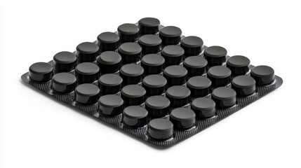 A close-up view of a tray filled with black circular caps. Each cap is uniform and neatly organized. This image showcases precision and design. Generative AI