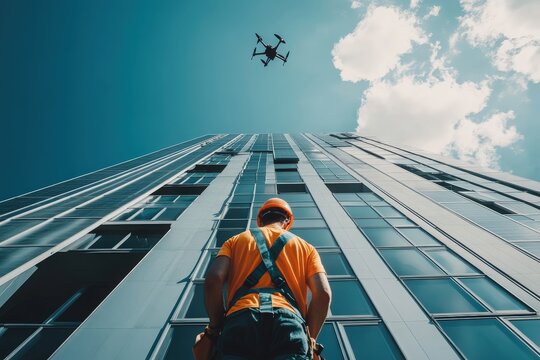Dedicated construction worker is installing solar panels on the facade of a modern building, with drones flying overhead to capture the process 
