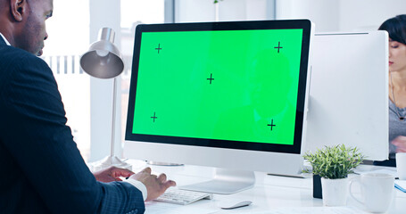 Green screen, man and computer for copywriting, office and creative for press release, planning and...