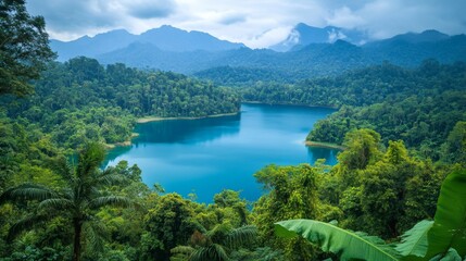 Obraz premium A stunning view of a serene lake surrounded by lush greenery and majestic mountains. Nature showcases its beauty in this breathtaking scenery. Generative AI