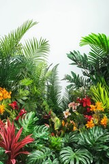 Lush tropical foliage, vibrant flowers.