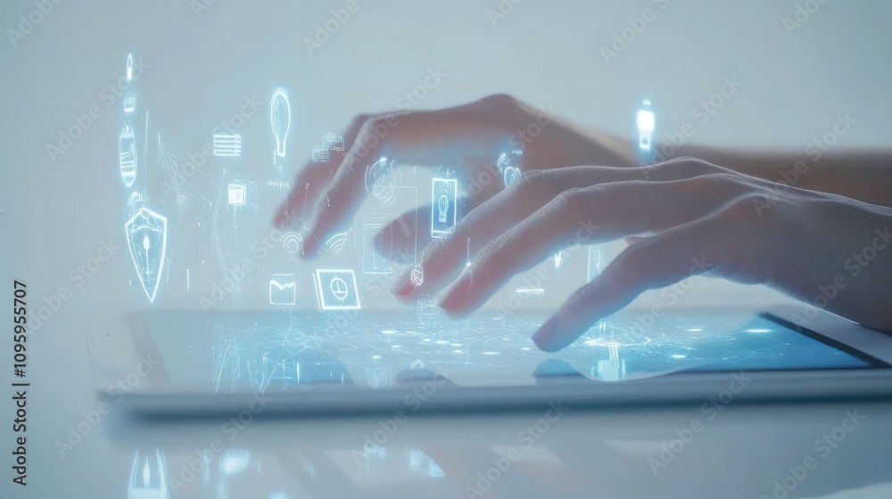 Poster hands using a tablet with virtual holographic security icons and data symbols on a white background.