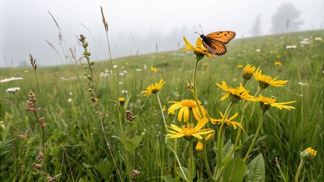 Delicate orange butterfly perched on yellow arnica montana flowers in a lush meadow, meadow, floral