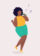 One Curvy Black Woman Singing Song With A Cordless Microphone.