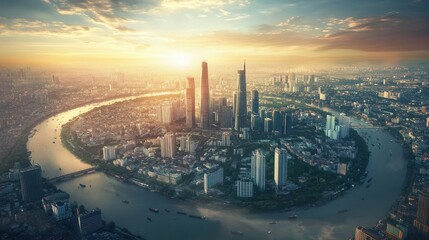 Naklejka premium Ho Chi Minh city in Vietnam with smart city and communication network concept. Wireless telecommunication communication technology.