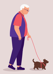 Side View Of An Elderly Man Walking With His Dog With Pet Leash.