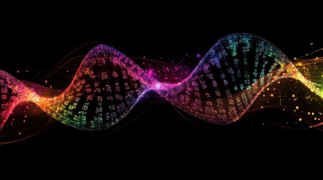 Image of digital data processing and dna strands on black background