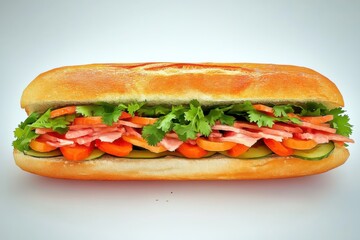 A vibrant, fresh sandwich filled with colorful vegetables, herbs, and sliced meats, perfect for a delicious meal.
