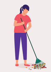 One Young Woman Raking Leaves With A Rake Broom.