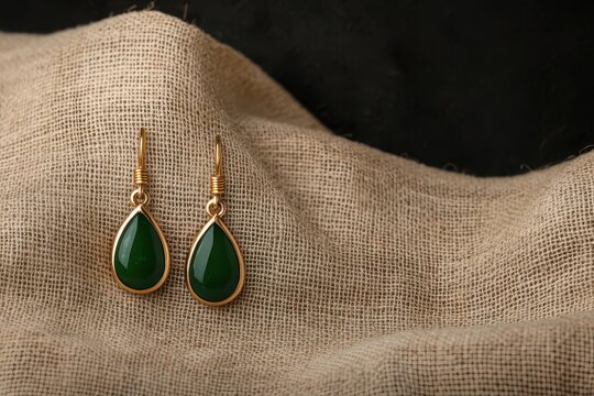 handmade and jewelry concept. A pair of handmade drop earrings with custom gemstone settings, displayed on a linen cloth