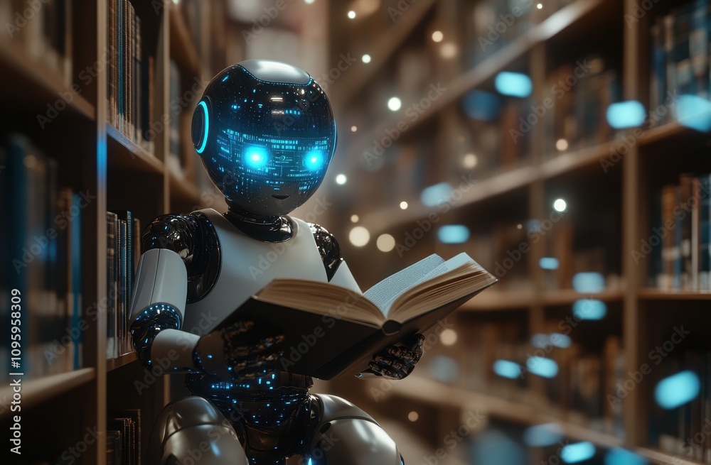 Poster futuristic robot in a library immersed in reading a book, showcasing advanced technology and a seren