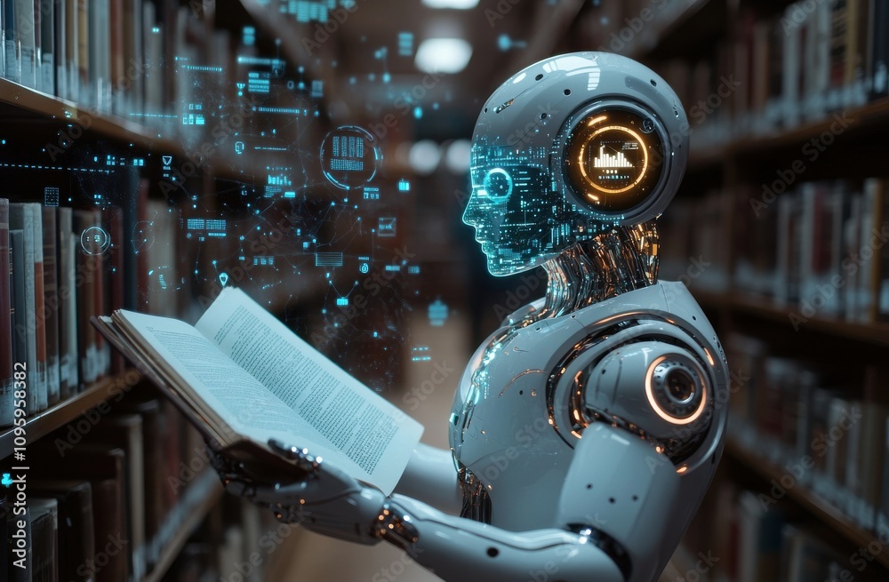Poster futuristic robot in library engaged in reading book surrounded by data visualization and artificial 