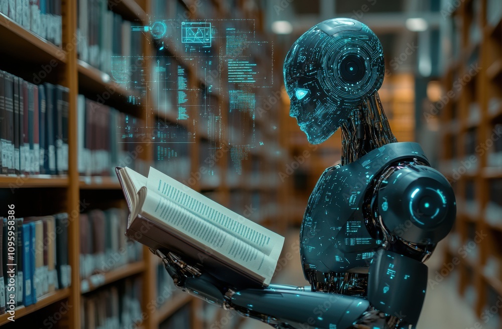 Poster futuristic robot reading in a library surrounded by digital information and shelves of books, blendi