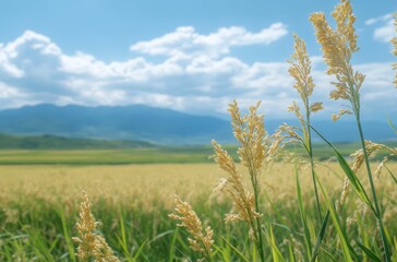Fototapeta premium Golden Rice Fields Under a Bright Sky with Fluffy Clouds and Mountains in the Background, Capturing the Essence of Tranquil Agricultural Landscapes