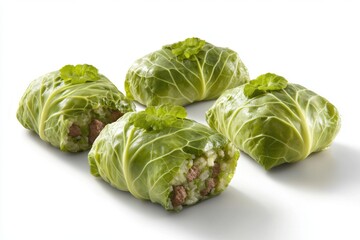 Fototapeta premium Delicious stuffed cabbage rolls featuring tender leaves filled with meat and rice.