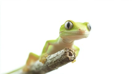 Obraz premium Gecko climbing on branch in studio nature photography minimalistic white background