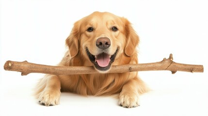 Golden retriever playing with a stick on white background animal portrait cheerful scene fun concept