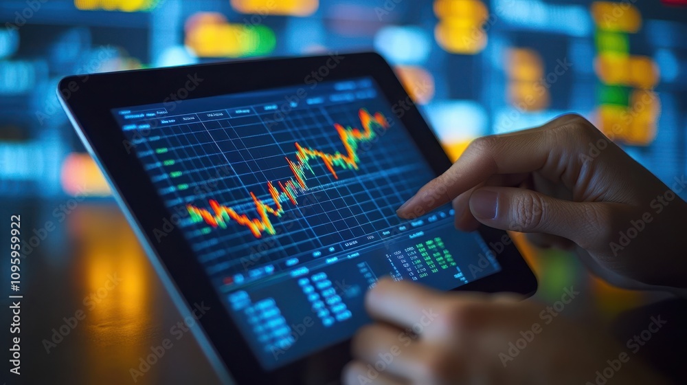 Poster hands engaged with tablet displaying financial stock market data and graphs in a dynamic trading env