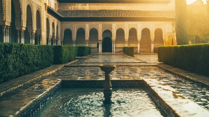Fototapeta premium Serene Courtyard with Lush Greenery and Flowing Water