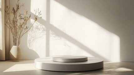 Minimalistic Circular Stage Podium Designed for Presentations and Displays with Soft Shadows and Natural Lighting in a Contemporary Setting