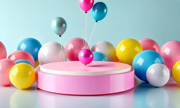 Colorful Party Scene with Bright Balloons and Circular Display Stand on a Light Blue Background Ideal for Celebrations and Events