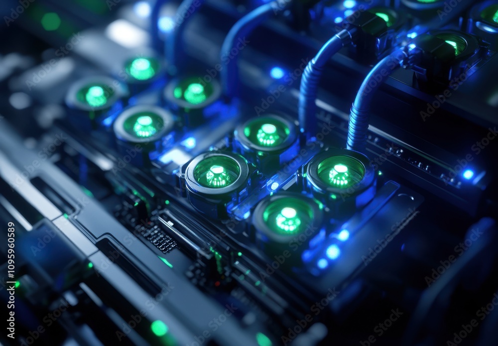 Aufkleber high-tech server components with glowing green lights in a modern data center designed for efficient
