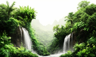 Lush jungle waterfalls, serene misty valley.