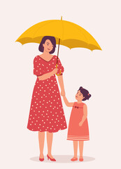 Smiling Mother Sheltered Her Little Daughter With An Umbrella. 