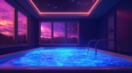 A serene indoor pool scene bathed in neon lighting, with large windows showcasing a vibrant sunset and starry sky.
