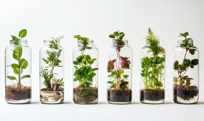 Six plants thrive in glass jars.