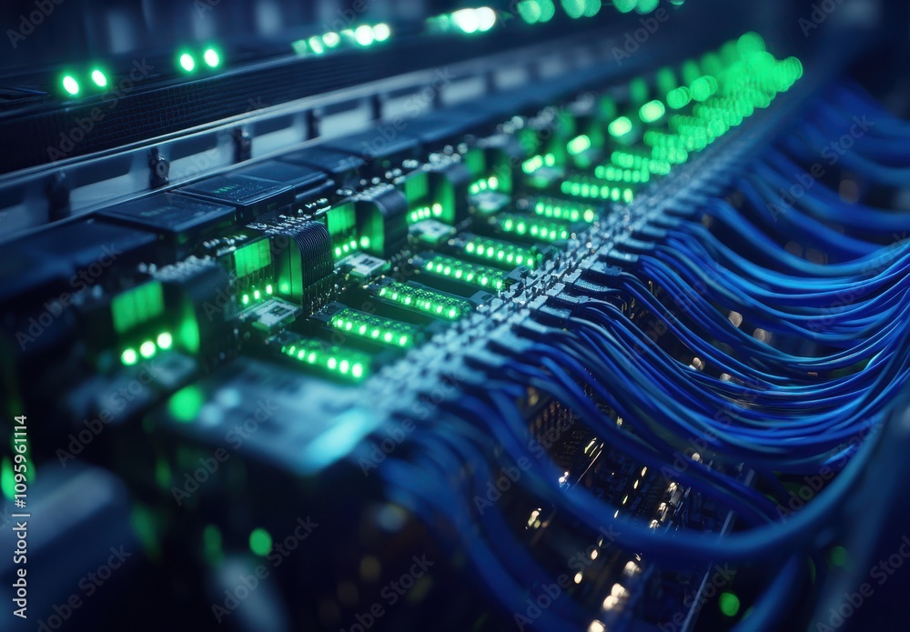 Poster intricate network of illuminated data cables and circuit boards in a data center showcasing technolo