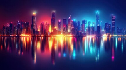 Night cityscape with glowing lights and reflections in water