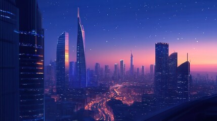Night view of Riyadh cityscape with glowing skyscrapers, futuristic urban skyline, blue hour, modern Middle Eastern architecture