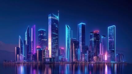 Night view of Riyadh cityscape with glowing skyscrapers, futuristic urban skyline, blue hour, modern Middle Eastern architecture