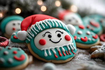 Fr&ouml;hliche Schneemann- und Weihnachtskekse mit bunten Verzierungen und festlichen Motiven