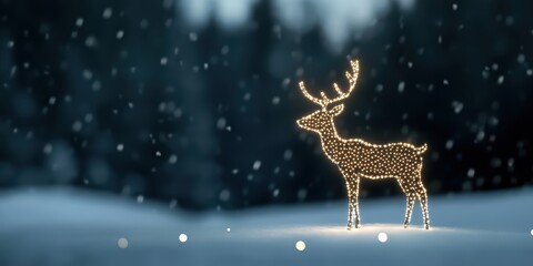 Fototapeta premium Sparkling Reindeer Sculpture Illuminated with Twinkling Lights Amidst a Snowy Winter Landscape Creating a Magical Holiday Atmosphere at Dusk
