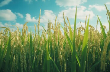Obraz premium Lush Green Rice Field Under Blue Sky with Fluffy White Clouds, Showing Ripening Crops and Natural Serenity of Agricultural Landscape