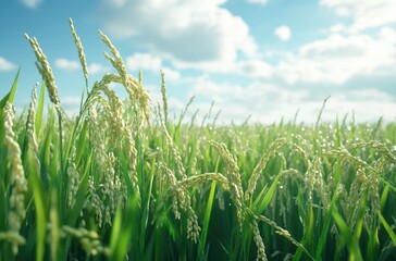 Obraz premium Lush Green Rice Field Under Blue Sky with Fluffy Clouds, Late Summer Daylight, Fertile Agriculture Landscape Full of Golden Rice Grain Ears Ripening in Sunshine