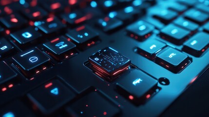 Press enter button on the keyboard computer Shield cyber Key lock security system abstract technology world digital link cyber security on hi tech Dark blue background, lock finger Keyboard